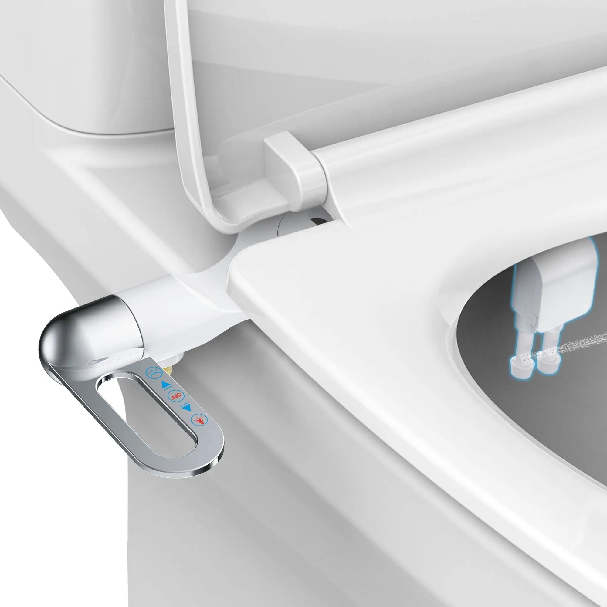 Une sélection de bidets ultra-minces à double buse, non électriques, avec pression d'eau réglable, idéaux pour améliorer l'hygiène de vos toilettes sans nécessiter d'installation complexe